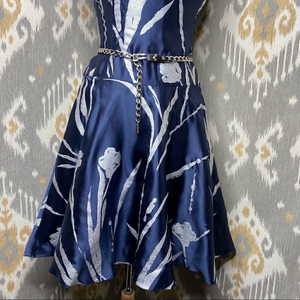 Ralph Lauren Silver Foil Botanical Print Navy Silk Fit & Flare Dress - Picture 11 of 16